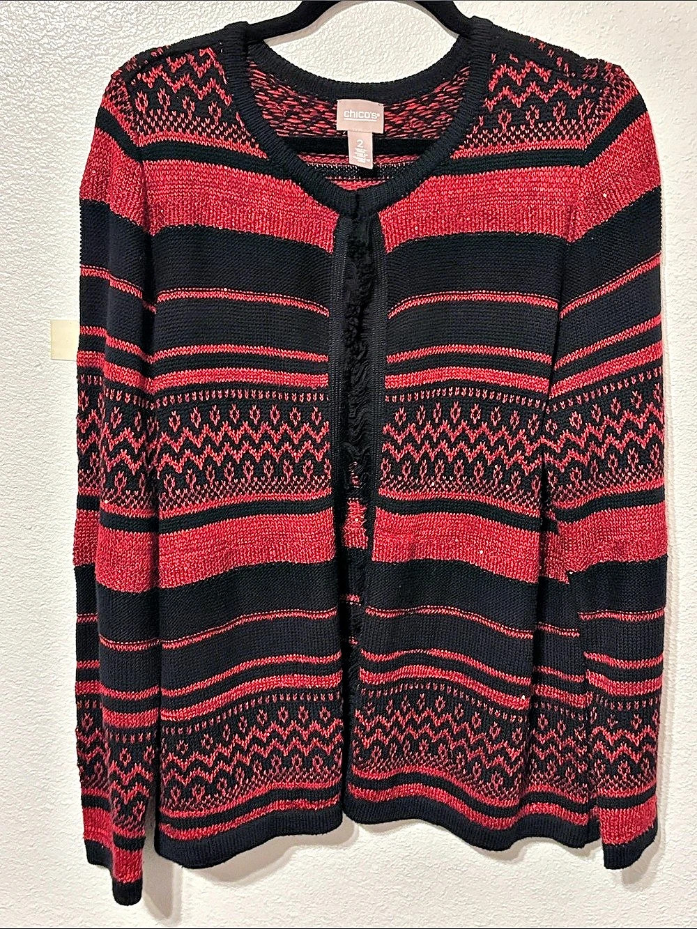 Chico's Geometric Knit Cardigan in Black & Red Size 2